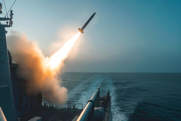 Missile Being Launched From A Warship On The High Seas - obrazy, fototapety, plakaty