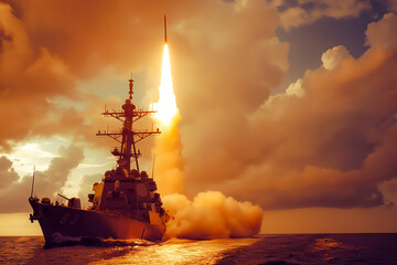 Missile Being Launched From A Warship On The High Seas - obrazy, fototapety, plakaty