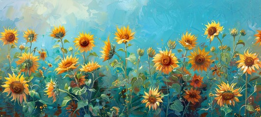 Fototapeta na wymiar Field of sunflowers on a blue background. generative ai
