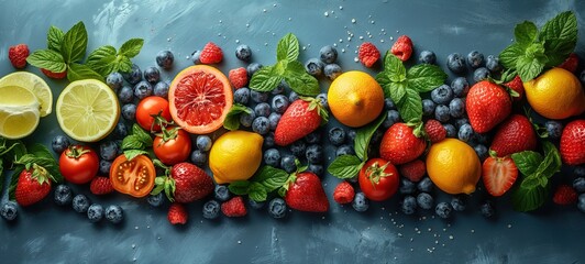 healthy food background for commercial projects, showcasing a variety of fruits, veggies, and nuts...