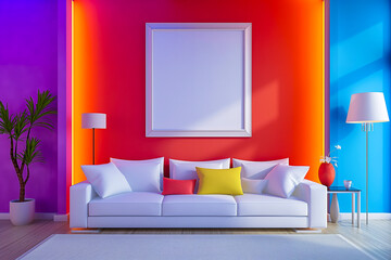 Fototapeta premium A modern creative living room interior design. A backdrop ideas concept house beautiful background elevation of sofa with decorative photo paint frame full wall background