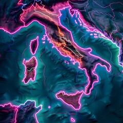 Vibrant Neon Glow Outline of Italy and Surrounding Regions at Night. AI. - obrazy, fototapety, plakaty