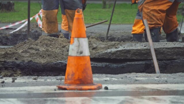 Constructions working road rain repair asphalt transportation street