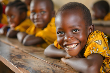 Portrait of African school boy in classroom, rural village with availability of education	