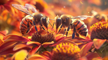 Bees pollinate flowers, close up. Bees collect nectar. Bee flying around flowers. Orange background. - obrazy, fototapety, plakaty