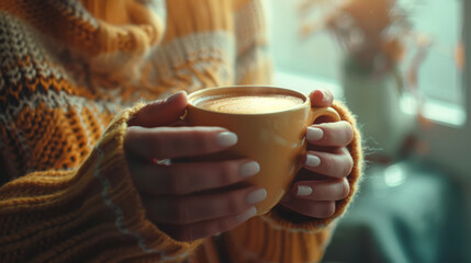 Woman holding a cup. Drink morning. Woman's hands holding hot cup of coffee. Yellow colors...