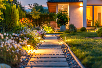 Fototapeta premium Modern gardening landscaping design details. Illuminated pathway in front of residential house. Landscape garden with ambient lighting system installation highlighting flowers plants. Late evening