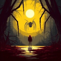 Brave hero lights way with lantern, stands in front of huge spider with sting, glowing yellow mouth with sharp teeth.