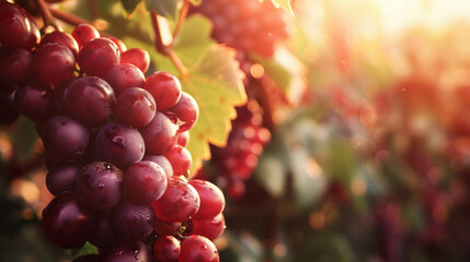 Branch of red grapes in vineyard, close up. Vineyard background. Space for text.