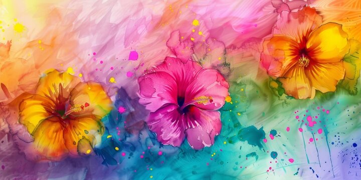 Watercolor background with colorful flowers and a splash, in pastel colors of pink, yellow, green, blue, and orange in the style of purple Generative AI