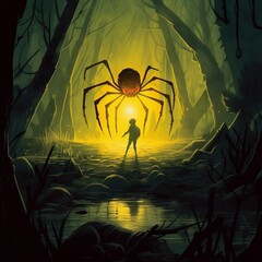 Brave hero lights way with lantern, stands in front of huge spider with sting, glowing yellow mouth with sharp teeth.