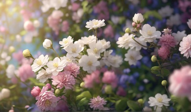 Blossoming Meadows: A Kaleidoscope of Color in Spring and Summer. White flowers.