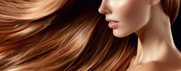 Beautiful redhead woman modeling her long, shiny, silky hair.