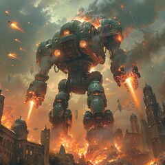 A digital artwork of a giant robot battling against alien invaders, highlighting the theme of technology and warfare in science fiction. - obrazy, fototapety, plakaty