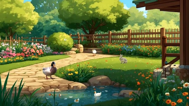 Beautiful garden animation, flowers blooming, butterflies dancing, small river flowing, ducks singing happily Seamless looping 4k time-lapse animation video background
