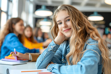 Mädchen sitzt im Pausenraum der Schule und lächelt in die Kamera. 