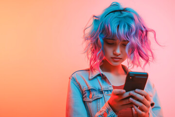 Non-binary person with blue and purple hair browsing on their phone, with a gradient pink-orange backdrop.