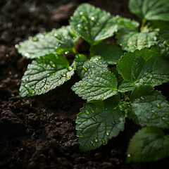 Close-up of patchouli leaves on a dark, moist soil background, with droplets of water