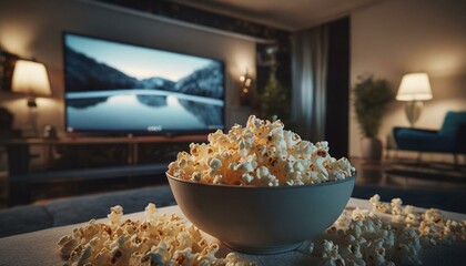 comfortable home setting featuring a bowl of popcorn in the foreground with a blurred television scree - obrazy, fototapety, plakaty