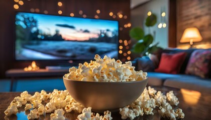 comfortable home setting featuring a bowl of popcorn in the foreground with a blurred television scree - obrazy, fototapety, plakaty