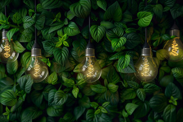 A light bulb is planted in a green bush. The light bulb is lit up and shining brightly. Concept of hope and positivity, as the light bulb represents a source of energy and light