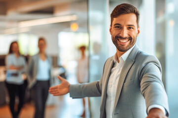 Portrait of businessman welcoming new employee to his business team and company, giving hand forward in modern office with colleagues in the background