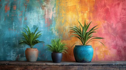 Three Potted Plants on Shelf Against Colorful Wall
