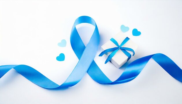 Fita azul em fundo branco de est&uacute;dio. Preven&ccedil;&atilde;o ao c&acirc;ncer de pr&oacute;stata em homens.