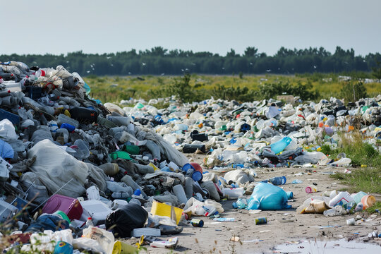 A pile of trash is in a field with trees in the background. The trash is mostly plastic bottles and bags. Scene is one of waste and pollution, and it highlights the importance of recycling