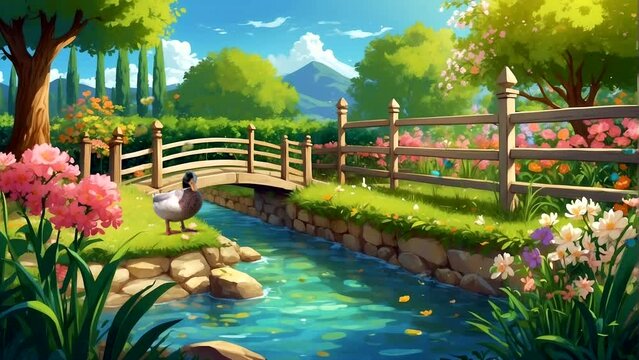 Beautiful garden animation, flowers blooming, butterflies dancing, small river flowing, ducks singing happily  Seamless looping 4k time-lapse animation video background