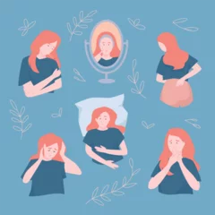 Fotobehang PMS. A set of women each experiencing different aspects of premenstrual syndrome. Such as: fever, acne, low back pain, insomnia, headache, nausea © norrhin