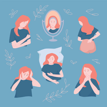 PMS. A set of women each experiencing different aspects of premenstrual syndrome. Such as: fever, acne, low back pain, insomnia, headache, nausea