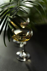 Two glasses with white wine on green leaves background