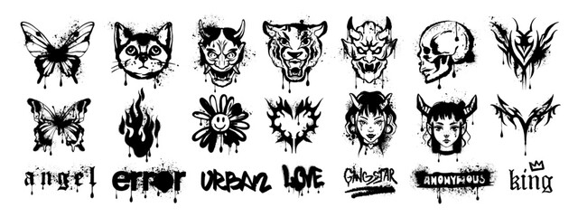 Graffiti spray paint icon set, vector urban street art, animal head, butterfly, flame, heart, girl. Gothic y2k liquid effect print, hand drawn grunge illustration, tattoo silhouette. Graffiti print
