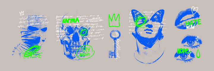 Abstract photocopy effect collage set, vector grunge texture negative retro futuristic print kit. Surrealism contemporary pop art, scribble doodle background, lips, eyes, skull. Photocopy print © Oleksandra