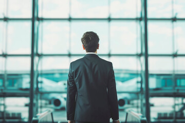 Fototapeta premium Rear view of young handsome businessman with luggage in modern airport terminal.