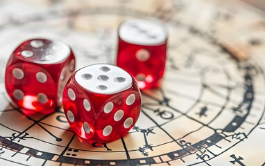 Photo of red dice on top of an astrology chart, on white paper 