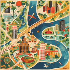 Vintage-Style Illustrated Map with Tropical City and River Landscapes