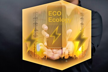 A person holding a cell phone with the words Eco Ecology written on it. The image has a futuristic and technological feel to it