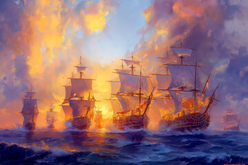 Vintage sailships military ships in the sea