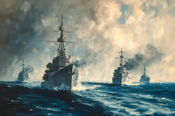 Sailing military ships in the sea