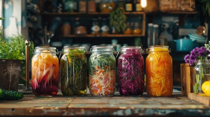 A kitchen scene showcasing the process of fermentation with jars of kombucha, sauerkraut, and other...