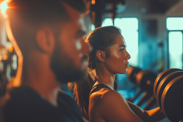 Side view of sporty attractive woman and handsome muscular man lifting weights in the gym.