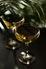 Two glasses with white wine on green leaves background