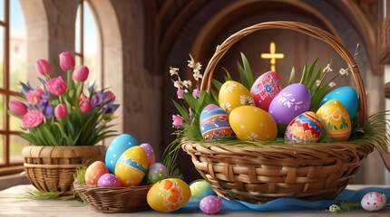 Fototapeta na wymiar Easter Celebration: A Basket of Colorfully Painted Eggs in a Serene Church Setting