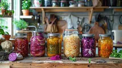 A kitchen scene showcasing the process of fermentation with jars of kombucha, sauerkraut, and other fermented foods as part of an eco-conscious lifestyle