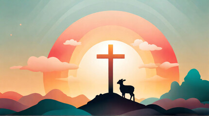 Sunset Reverence: A Silhouetted Cross and Lamb Amidst a Colorful Dusk Sky - obrazy, fototapety, plakaty