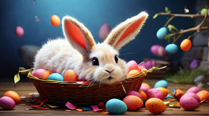 Easter Celebration: A Fluffy Bunny Amidst Colorful Eggs and Spring Blossoms - obrazy, fototapety, plakaty