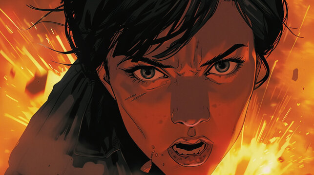 Intense Woman Facing Adversity in Dramatic Comic Style with Fire Background