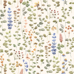 Floral seamless pattern with abstract plants and flowers, watercolor illustration on beige background for textile or wallpapers.
